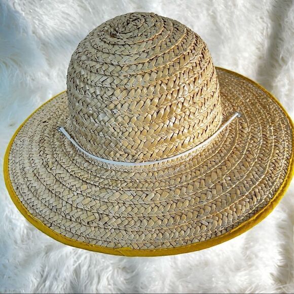 Women's Wide Brimmed Straw Hat Beach Summer Fun Yellow Trim - Picture 1 of 6